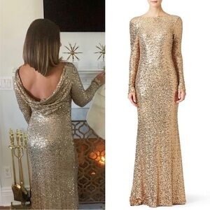 BADGLEY MISCHKA Gold Sequin Long Sleeve Boat Neck Cowl Back Stretch Maxi Gown 8
